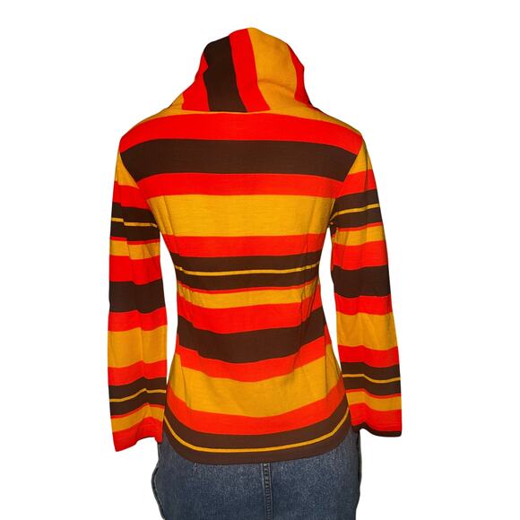 Vintage 70's Striped Long Sleeve Knit Mock Neck Top Orange Brown Medium - Picture 4 of 9